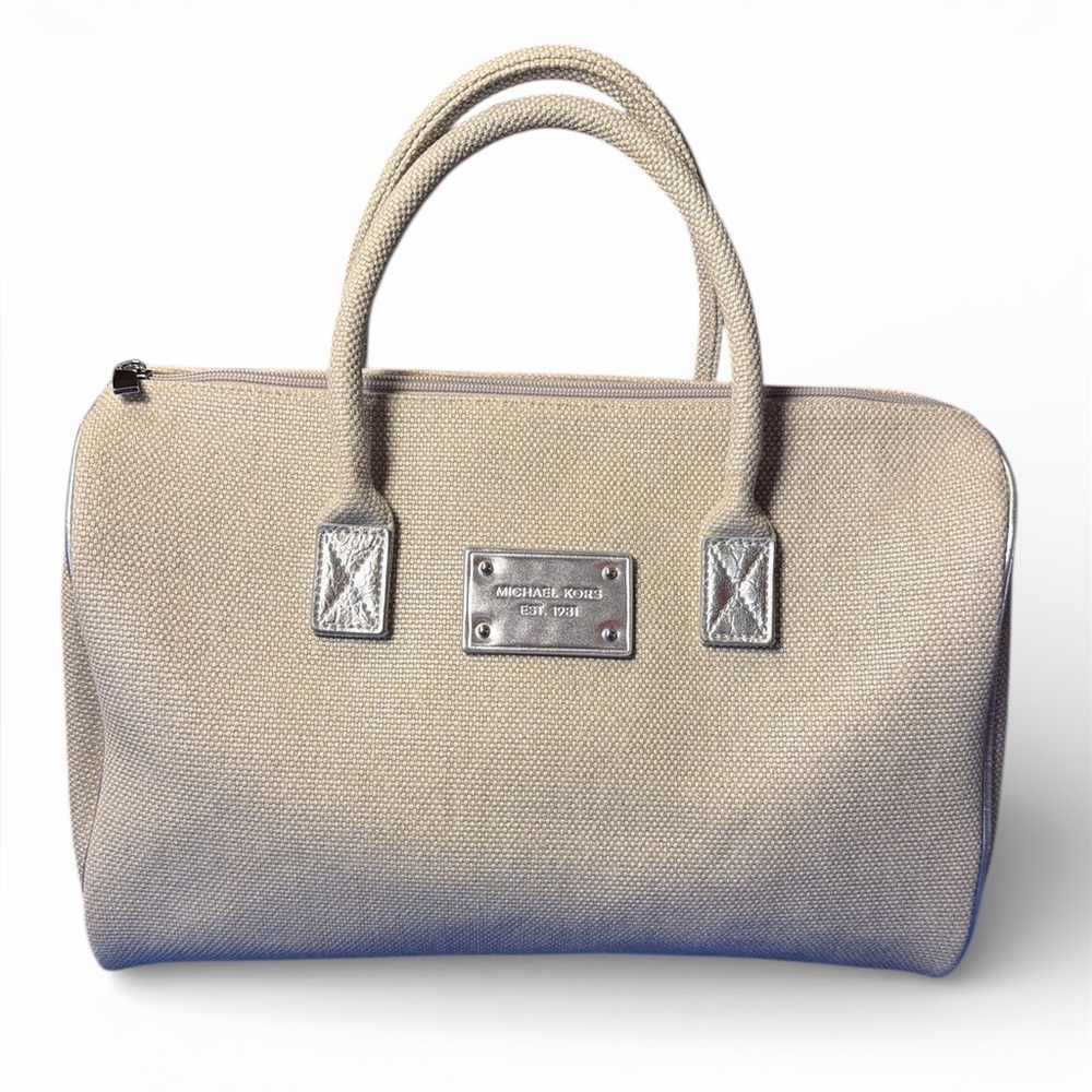 Michael Kors Burlap Tote Bag Silver Accents